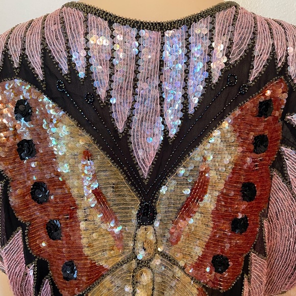 80’s Joan Crawford glamorous vintage handmade sequin beaded butterfly v-n tunic! - Picture 10 of 13